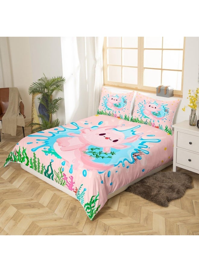 Cute Axolotl Kids Duvet Cover Set Twin Size, Cartoon Salamander Axolotl Ocean Bedding Set, Girls Boys Adults Room Decor, Coral Weeds Marine Life Comforter Cover, Pink Romantic Quilt Cover, 1 Pillowcase