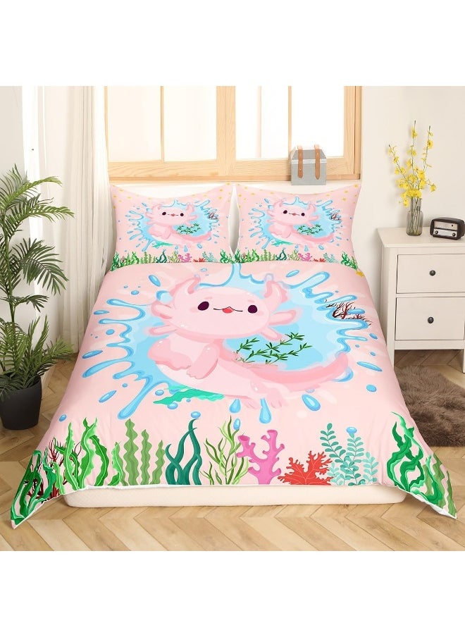 Cute Axolotl Kids Duvet Cover Set Twin Size, Cartoon Salamander Axolotl Ocean Bedding Set, Girls Boys Adults Room Decor, Coral Weeds Marine Life Comforter Cover, Pink Romantic Quilt Cover, 1 Pillowcase