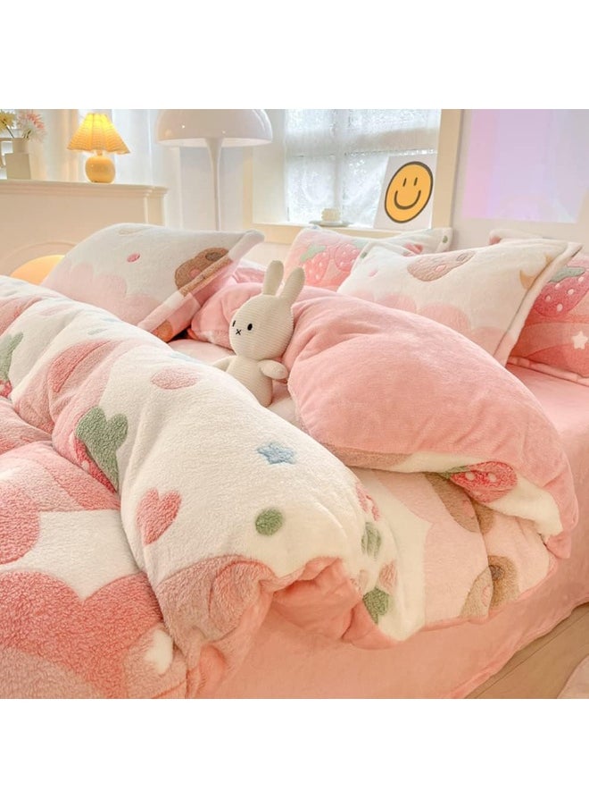 CinYana Pink Strawberry Duvet Cover Set Fluffy Kawaii Cartoon Comforter Cover Soft Kids Twin Size Bedding Set (Strawberry)