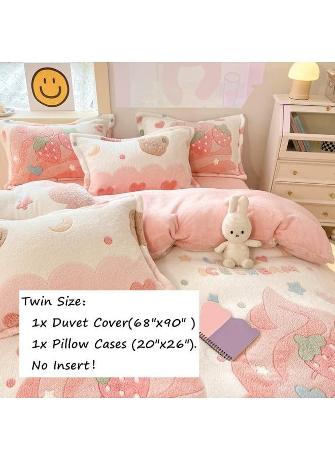CinYana Pink Strawberry Duvet Cover Set Fluffy Kawaii Cartoon Comforter Cover Soft Kids Twin Size Bedding Set (Strawberry)