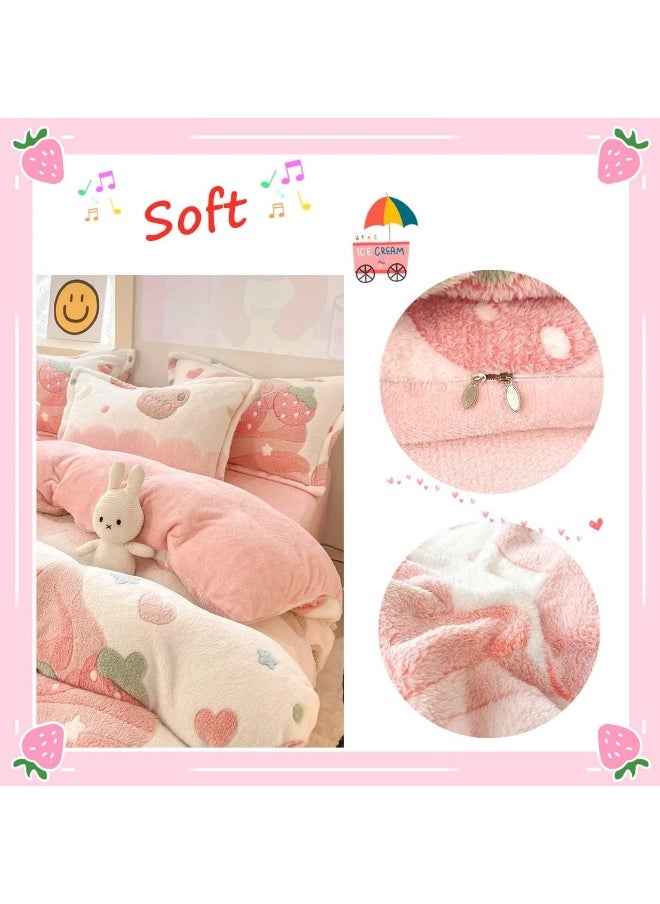 CinYana Pink Strawberry Duvet Cover Set Fluffy Kawaii Cartoon Comforter Cover Soft Kids Twin Size Bedding Set (Strawberry)