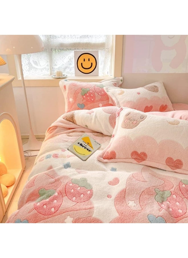 CinYana Pink Strawberry Duvet Cover Set Fluffy Kawaii Cartoon Comforter Cover Soft Kids Twin Size Bedding Set (Strawberry)