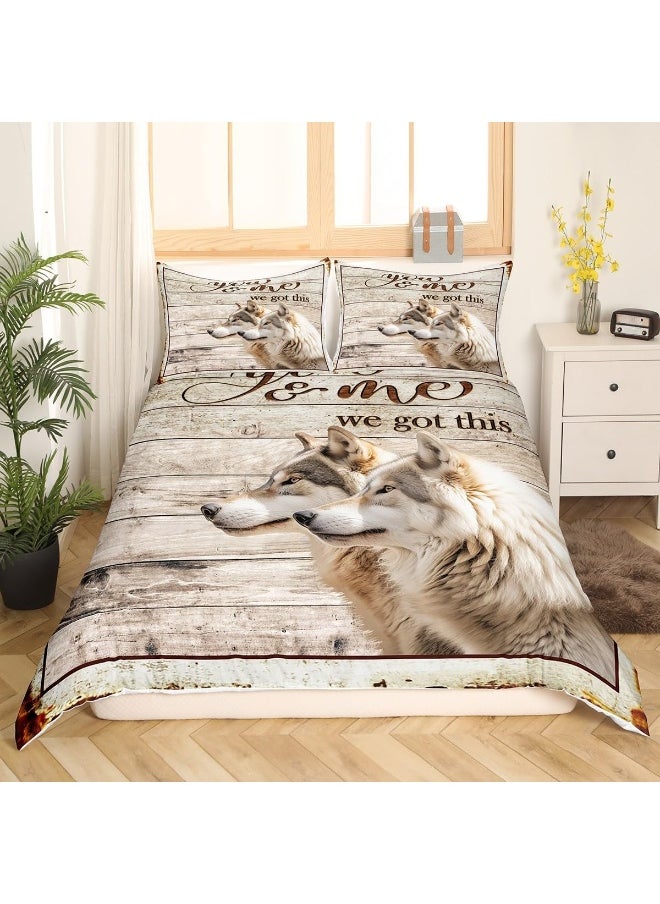 Wolf Kids Duvet Cover Set King Size, Vintage Wooden Plank Rustic Farmhouse Bedding Set, Girls Boys Adults Room Decor, Wild Animals Brown Wolf Comforter Cover, Country Retro Quilt Cover, 2 Pillowcases