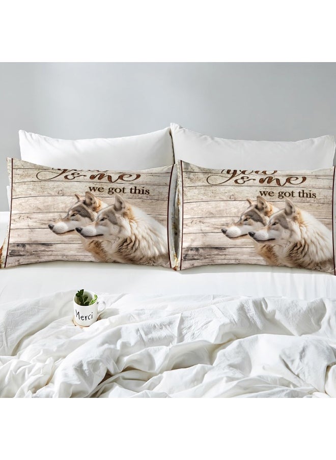 Wolf Kids Duvet Cover Set King Size, Vintage Wooden Plank Rustic Farmhouse Bedding Set, Girls Boys Adults Room Decor, Wild Animals Brown Wolf Comforter Cover, Country Retro Quilt Cover, 2 Pillowcases