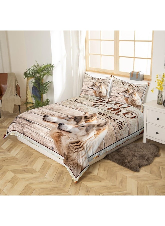 Wolf Kids Duvet Cover Set King Size, Vintage Wooden Plank Rustic Farmhouse Bedding Set, Girls Boys Adults Room Decor, Wild Animals Brown Wolf Comforter Cover, Country Retro Quilt Cover, 2 Pillowcases