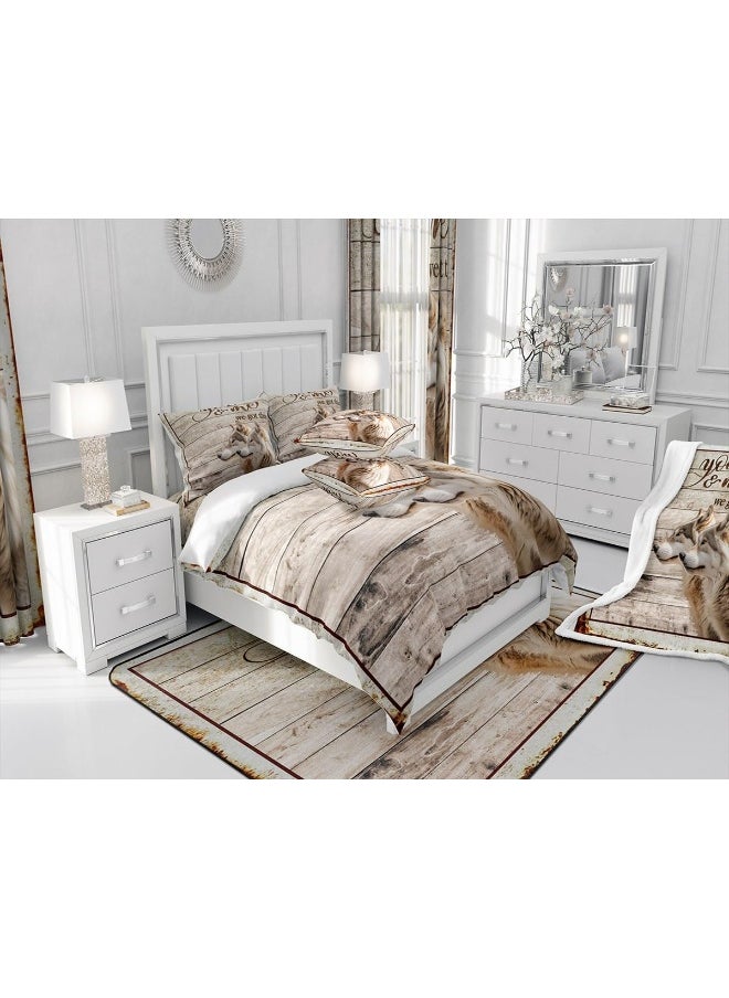 Wolf Kids Duvet Cover Set King Size, Vintage Wooden Plank Rustic Farmhouse Bedding Set, Girls Boys Adults Room Decor, Wild Animals Brown Wolf Comforter Cover, Country Retro Quilt Cover, 2 Pillowcases