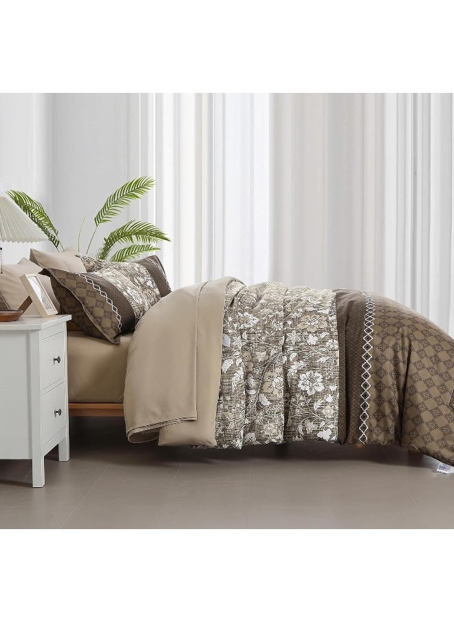 WONGS BEDDING Brown Comforter Set Queen, 7 Pieces Bed in a Bag Floral Geometric Patchwork Soft Microfiber Comforter Bedding Set with Comforter, Flat Sheet, Fitted Sheet, Pillow Shams, Pillowcases