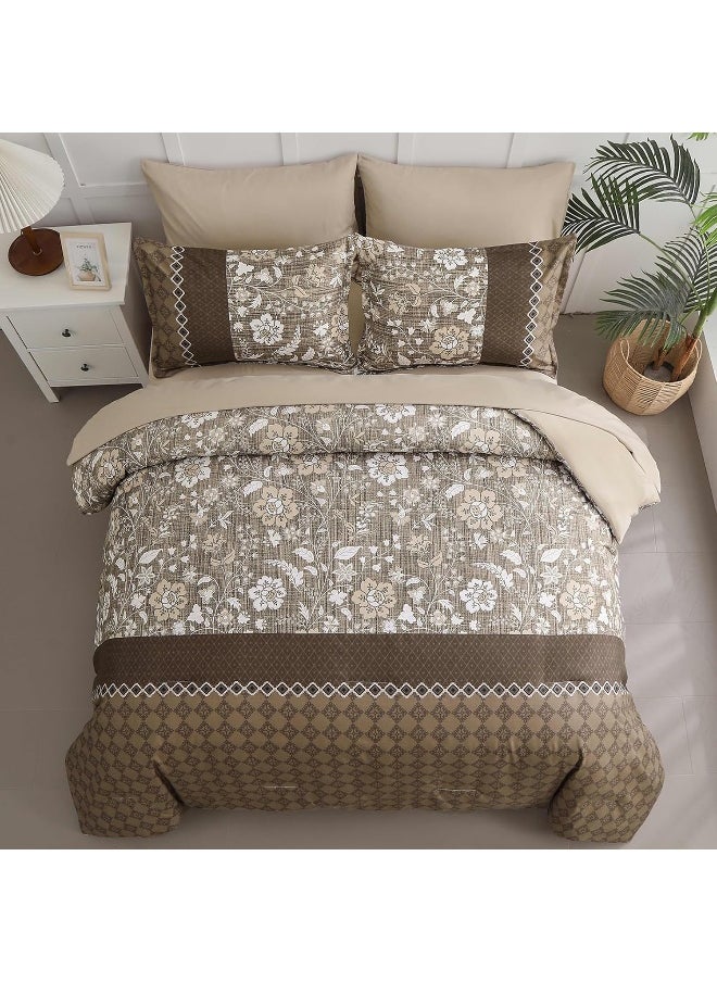 WONGS BEDDING Brown Comforter Set Queen, 7 Pieces Bed in a Bag Floral Geometric Patchwork Soft Microfiber Comforter Bedding Set with Comforter, Flat Sheet, Fitted Sheet, Pillow Shams, Pillowcases
