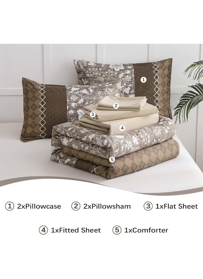 WONGS BEDDING Brown Comforter Set Queen, 7 Pieces Bed in a Bag Floral Geometric Patchwork Soft Microfiber Comforter Bedding Set with Comforter, Flat Sheet, Fitted Sheet, Pillow Shams, Pillowcases