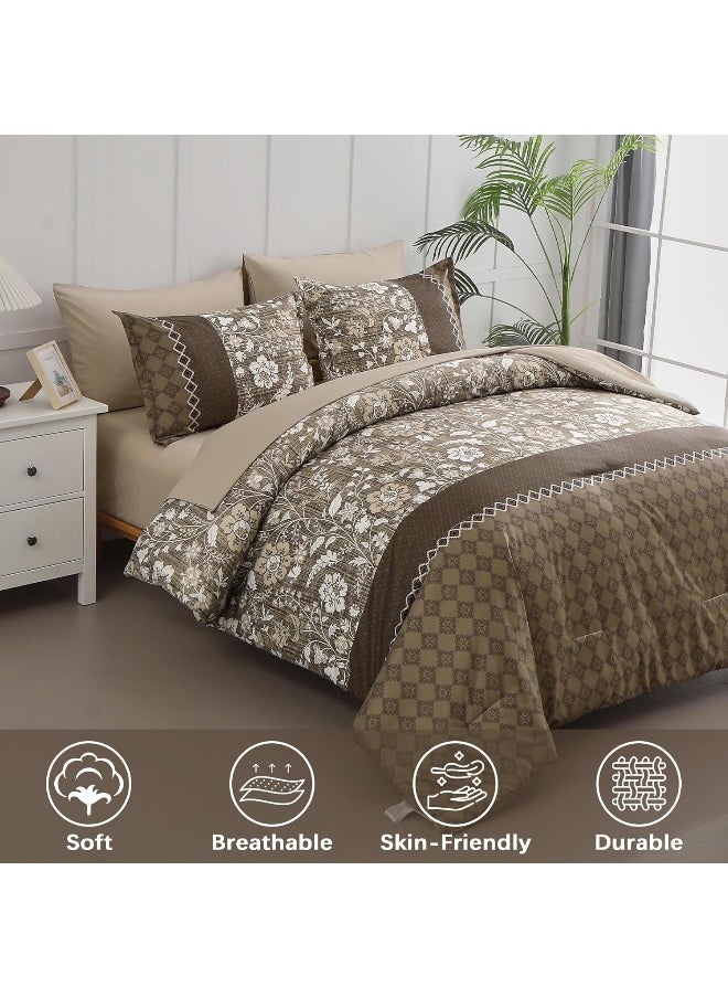 WONGS BEDDING Brown Comforter Set Queen, 7 Pieces Bed in a Bag Floral Geometric Patchwork Soft Microfiber Comforter Bedding Set with Comforter, Flat Sheet, Fitted Sheet, Pillow Shams, Pillowcases