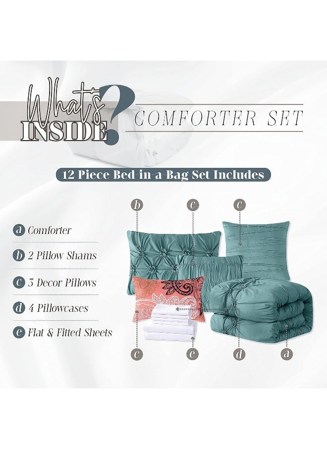 Elegant Comfort Featuring Smart Pockets, Matching Decorative Pillows, All Season Bedding, Microfiber, Mint Green, King