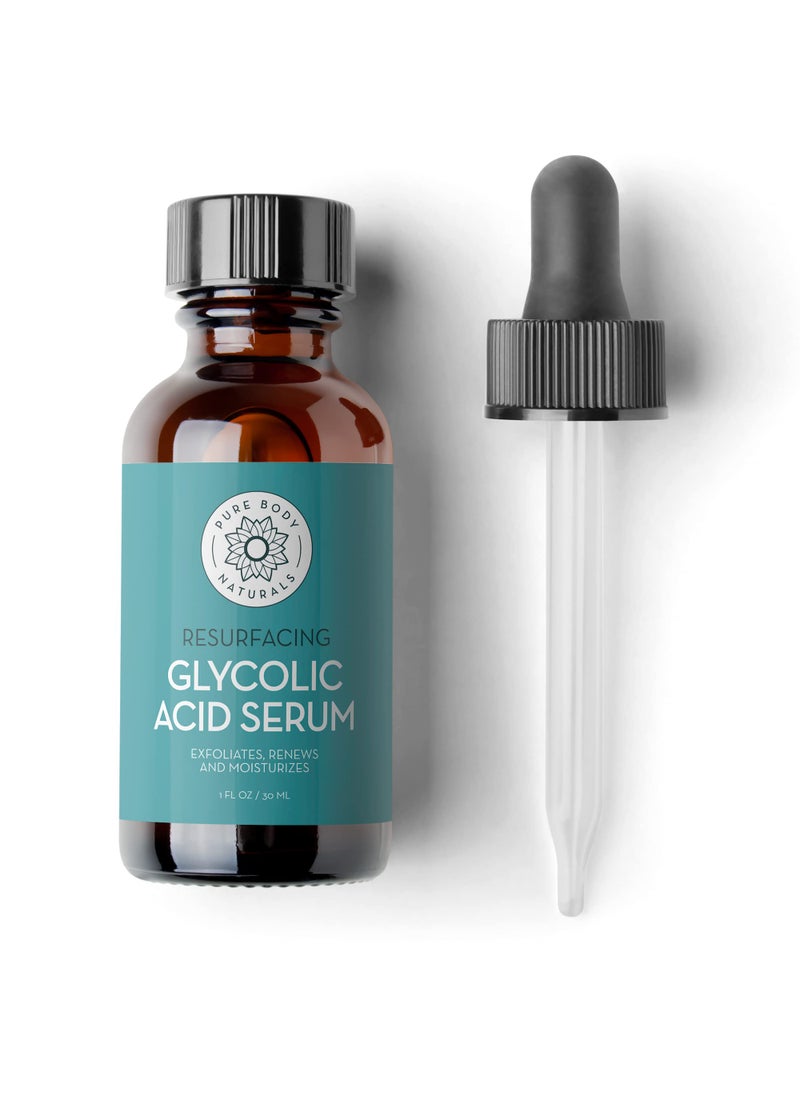 Pure Body Naturals Glycolic Acid Serum, 1 fl oz - Resurfaces, Renews and Moisturizes - Face Serum