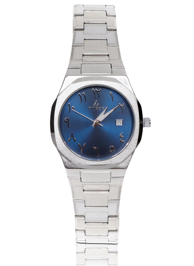 Fitron Men's Wrist Silver  Watch with Date and Blue Dial with Arabic Numbers