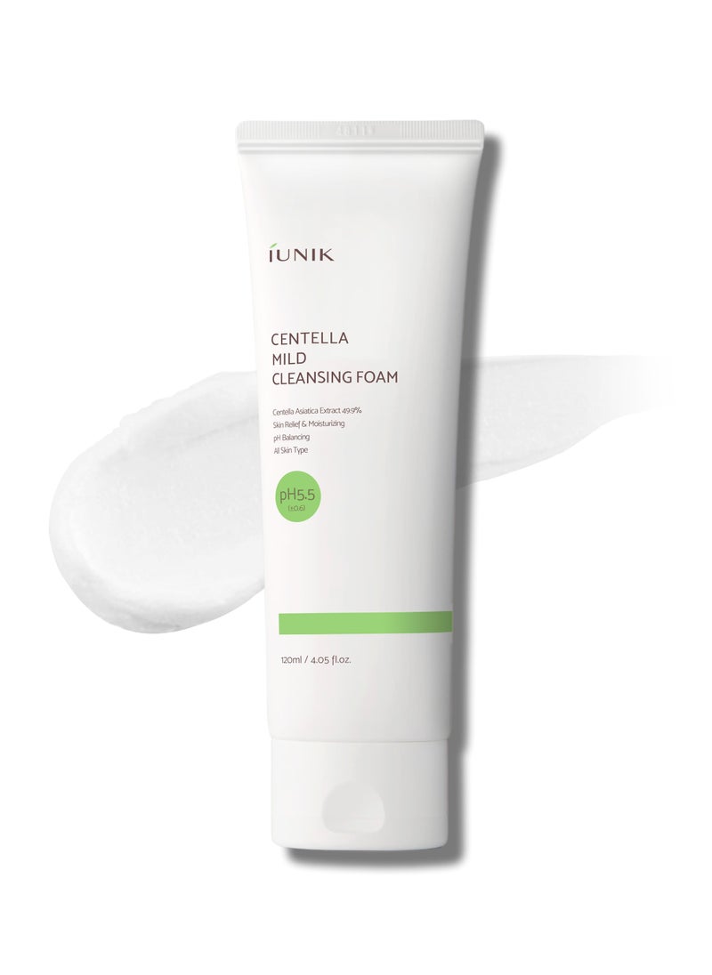 IUNIK Centella Mild Facial Foaming Cleanser - Non-stripping Sub-Acid w/Centella Asiatica 49% Moisturizing pH Balancing for Oily Dry Senstivie Acne-prone skin Vegan Korean Skincare
