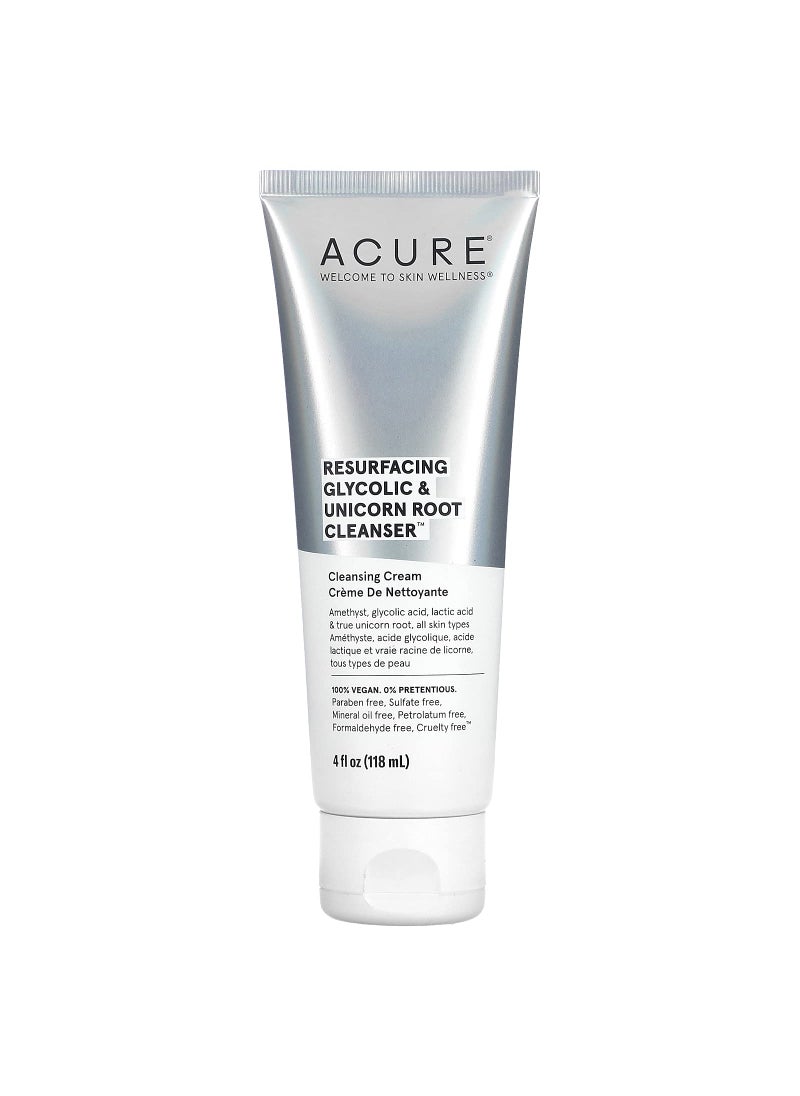 Acure Resurfacing Glycolic & Unicorn Root Cleanser- Gentle Daily Exfoliation Cleansing Cream - Brightening & Hydrating Face Wash - for All Skin Type 4 Fl Oz