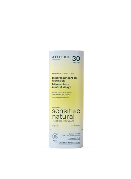 ATTITUDE Mineral Sunscreen Face Stick for Sensitive Skin, SPF 30, EWG Verified, Plastic-Free, Broad Spectrum UVA/UVB Protection with Zinc Oxide, Dermatologically Tested, Vegan, Unscented, 0.7 Ounce