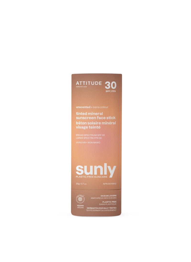 ATTITUDE Tinted Mineral Sunscreen Face Stick with Zinc Oxide, SPF 30, EWG Verified, Plastic-Free, Broad Spectrum UVA/UVB Protection, Dermatologically Tested, Vegan, Unscented, 0.7 Ounce