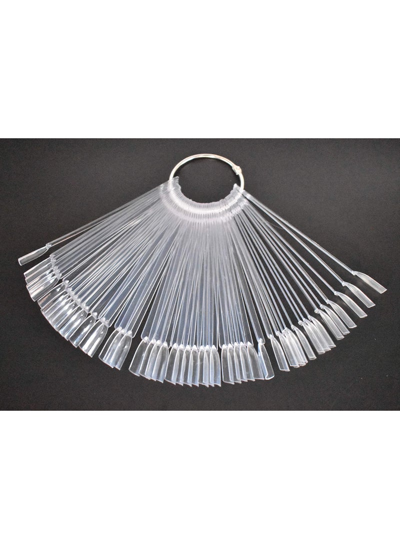 50 Tips Fan Shape Transparent Plastic Nail Art Tips Display Polish Board Display Practice Sticks with Metal Split Ring Holder(Clear)
