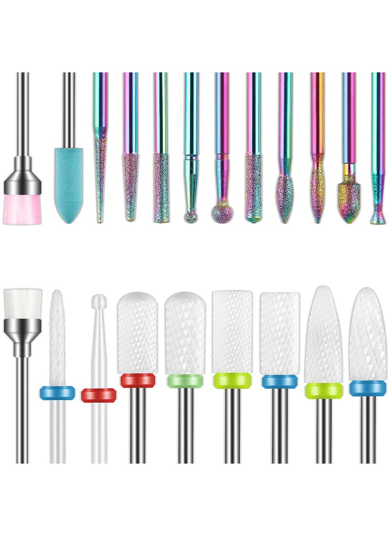 Depvko 21pcs Nail Drill Bits Sets, 3/32 Inch Diamond Cuticle Electric Nail File and Ceramic Acrylic Gel Nail Bit Kit, Acrylic Nail Art Tools, Carbide Remover Bits for Manicure Pedicure, Home Salon