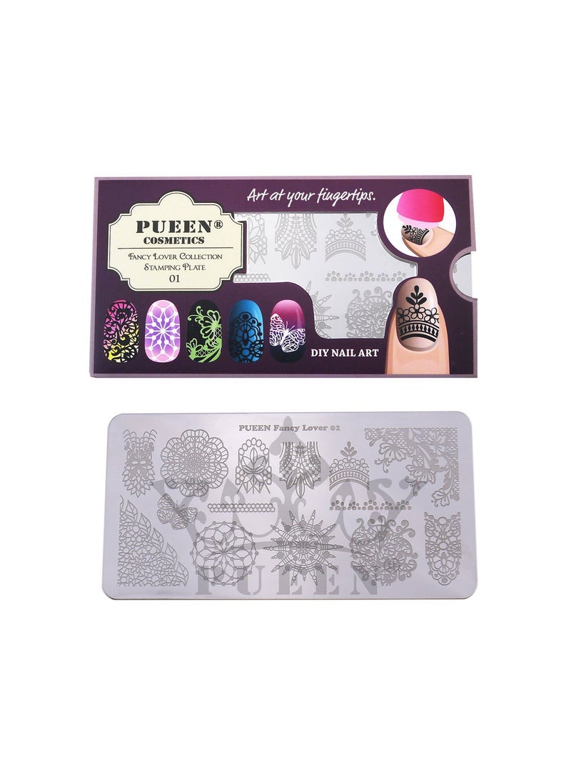 PUEEN Nail Art Stamping Plate - Fancy Lover 01-125x65mm Unique Nailart Polish Stamping Manicure Image Plates Accessories Kit-BH000555