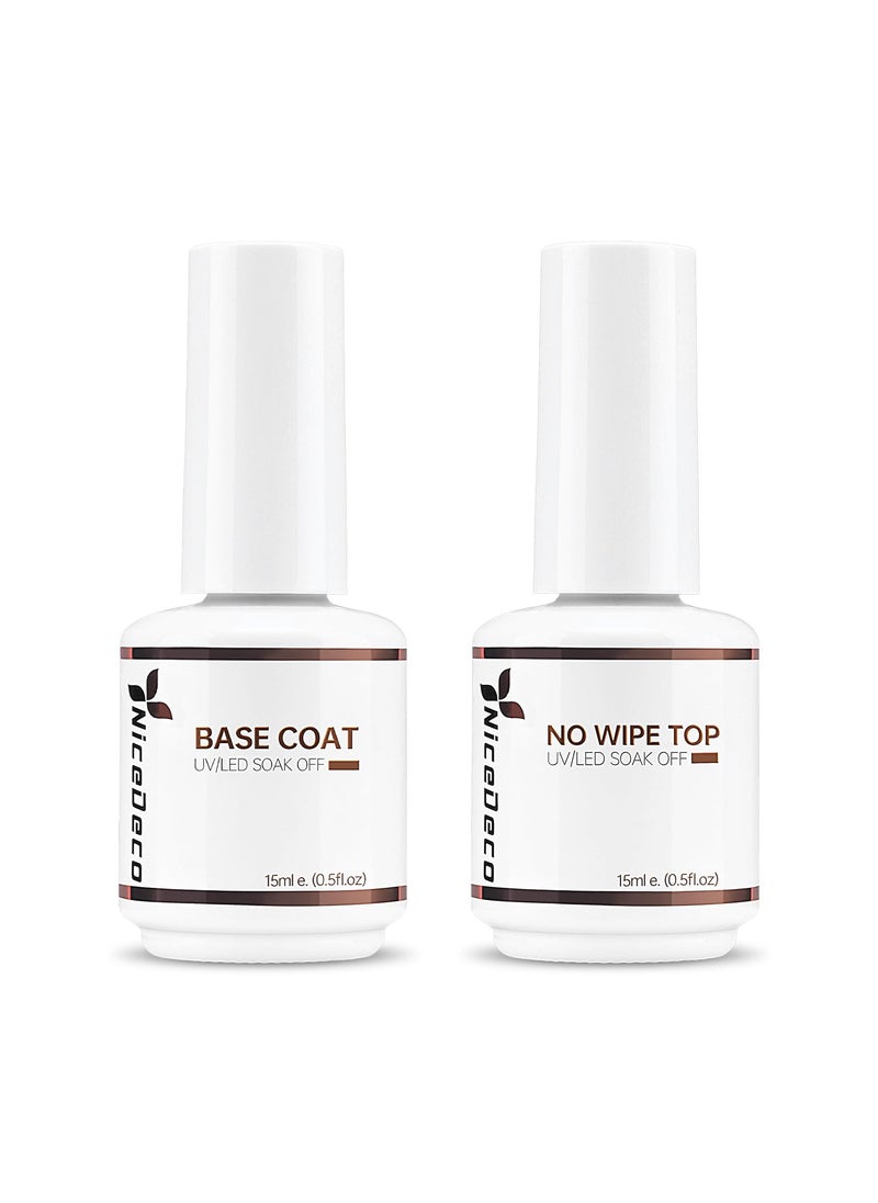 Nicedeco Hema Free No Wipe Gel Top Coat and Base Coat Set 2 Pcs 15ml Low Odor Cruelty Free Vegan Gel Nail Polish Glossy Shine Long Lasting Gel Base Top Coat