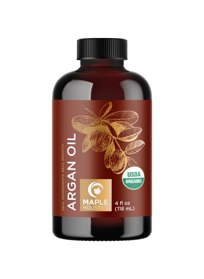 Certified Organic Argan Oil for Hair Skin & Nails - 100% Pure Moroccan Argan Oil Organic Cold Pressed and Unrefined - Fast Absorbing Hair Body and Face Moisturizer plus Beauty DIYs (4 Fl Oz)