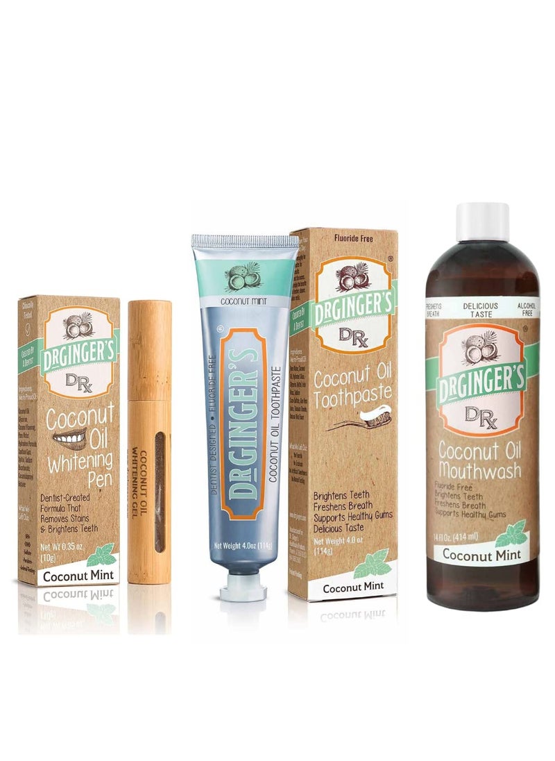 Dr. Ginger's Coconut Oil Teeth Whitening 3pc Bundle, All-Natural Toothpaste (4oz), Mouthwash (14fl oz) & Whitening Pen (.35oz), Pearly White Oral Care & Enamel-Safe for Fresh Breath, Coconut Mint