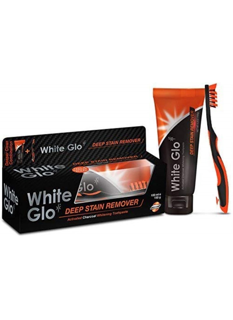 White Glo Deep Stain Remover Whitening Toothpaste + Charcoal Infused Flosser Tip Toothbrush, 5.2 Ounce