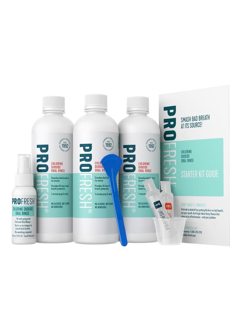 ProFresh Fresh Breath System Starter Kit, Oral Rinse 16.9 Ounce Bottle (Pack of 3) with Prep Packs & Tongue Cleaner, Alcohol Free, Flavor Free