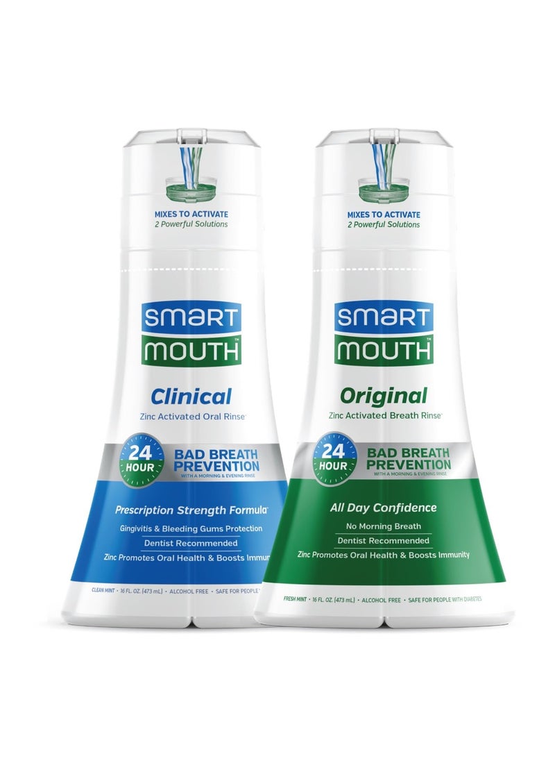 SmartMouth DDS Activated Clinical Mouthwash & Original Activated Mouthwash - Adult Mouthwash for Fresh Breath - Clean Mint Flavor (Clinical) & Fresh Mint Flavor (Original), 16 fl oz Each