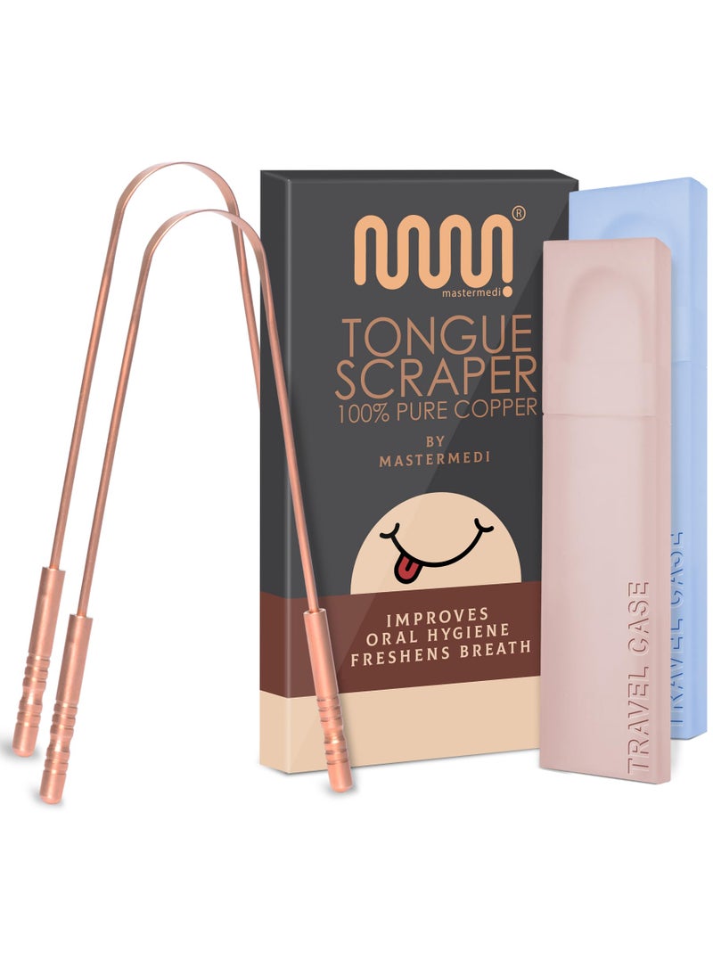 MasterMedi Tongue Scraper with Case Easy to Use Tongue Scraper for Adults, Tongue Cleaner for Oral Care & Hygiene (Copper Set of 2 (with Travel Case))