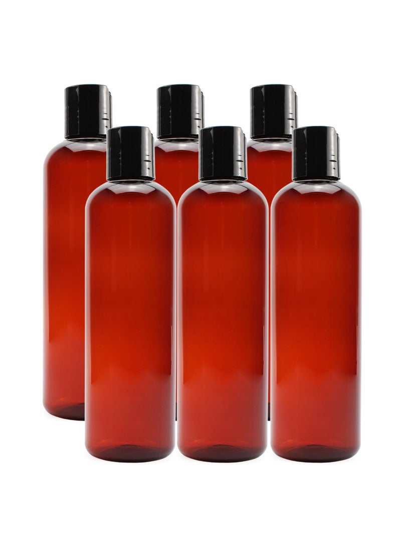 Cornucopia Brands 8oz Plastic Bottles w/Disc Top Flip Cap (6-Pack); BPA-Free Containers For Shampoo, Lotions, Liquid Body Soap, Creams (8 ounce, Amber Brown)