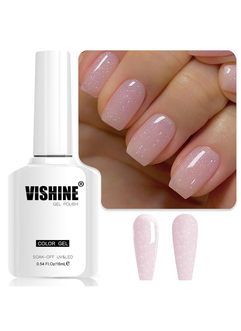 Vishine Glitter Nude Pink Gel Polish Iridescent Shimmer Jelly Neutral Color Skin Tone Clear Pink 16ml Sparkle Pink Natural Soak off UV LED Cured for Home Salon DIY Nail Art E030