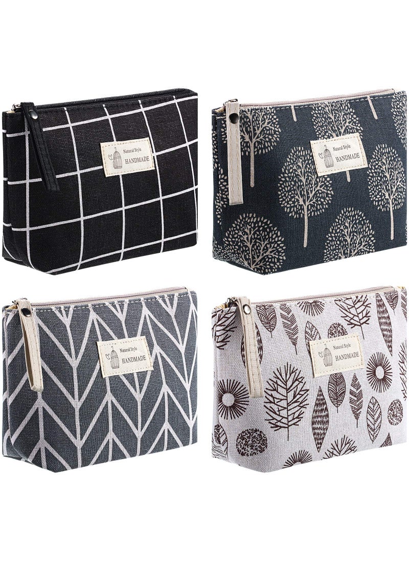 4 Pieces Canvas Cosmetic Bags Set Printed Makeup Bags with Zipper Multi-Functional Travel Pouch for Women Girls Vacation Travel Toiletry Bag, 4 Styles (Arrow, Plaid, Tree, Leave, Small)