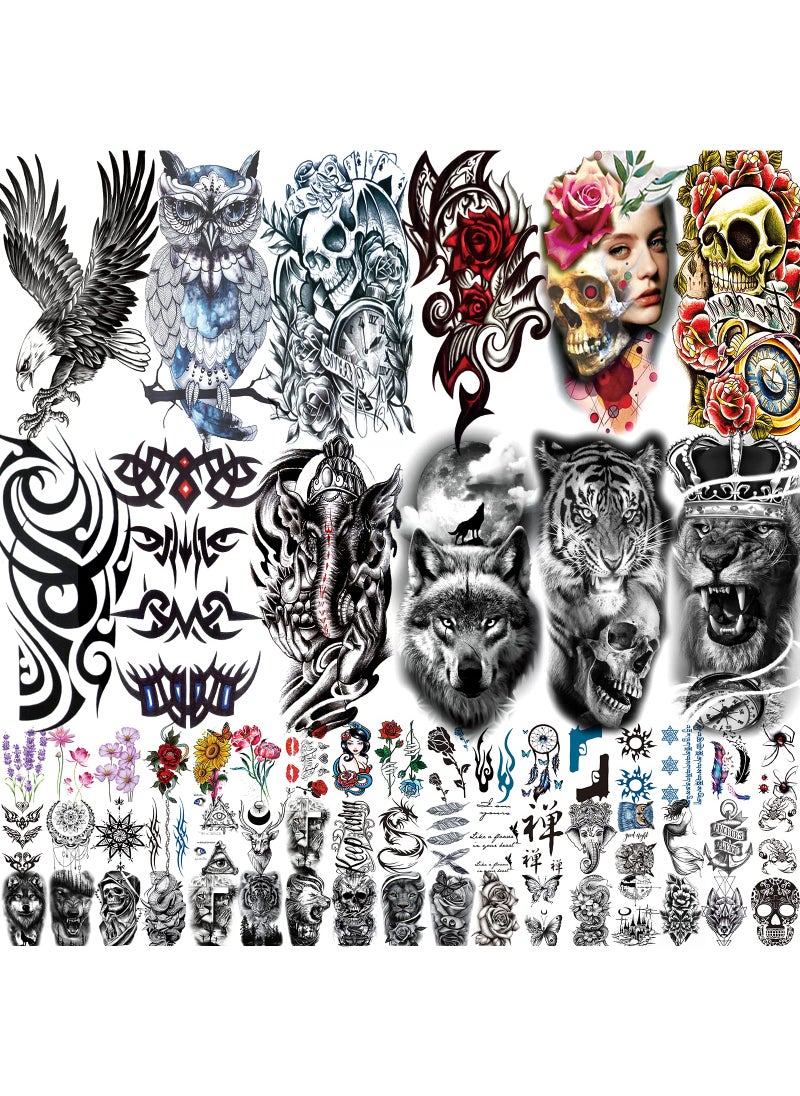 80 Sheets Temporary Tattoos Stickers, Fake Body Arm Chest Shoulder Tattoos for Men and Women, Halloween Temporary Tattoos Black Fake Skull Skeleton Tattoos for Halloween Cosplay