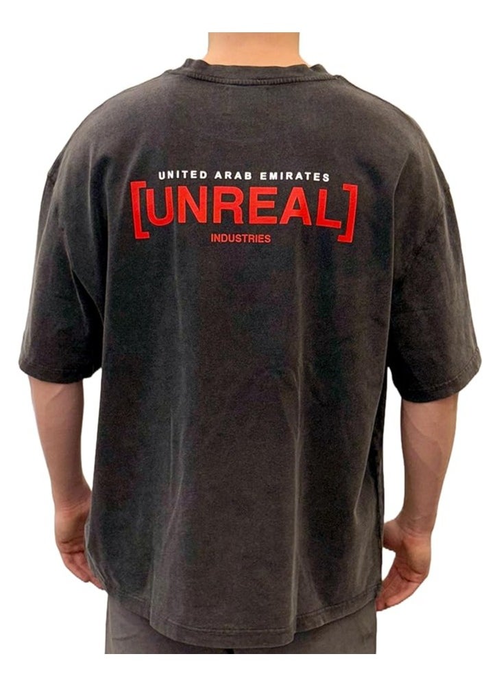 Baggy Style T-Shirt for Men and Women | UNREAL Down Shoulder Tee-Shirt | Habibi Come to Dubai | Unisex Loose Sleeves Shirt | Vintage and Trendy Unreal Washed Tee