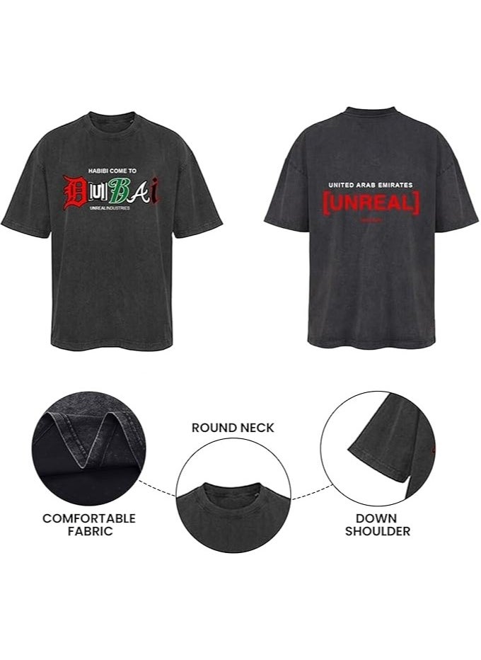 Baggy Style T-Shirt for Men and Women | UNREAL Down Shoulder Tee-Shirt | Habibi Come to Dubai | Unisex Loose Sleeves Shirt | Vintage and Trendy Unreal Washed Tee
