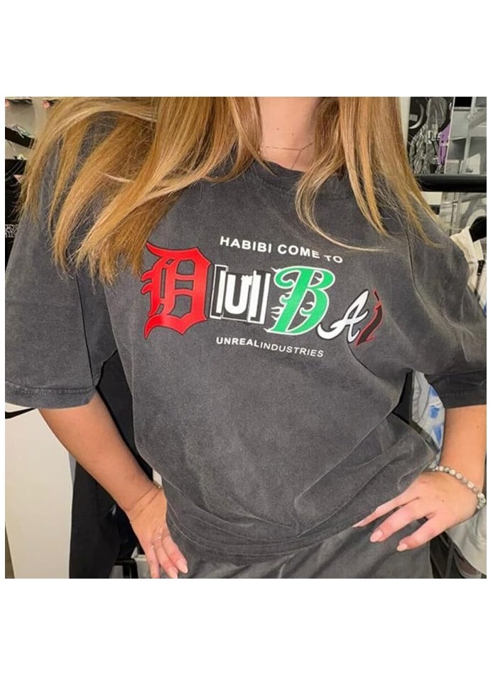 Baggy Style T-Shirt for Men and Women | UNREAL Down Shoulder Tee-Shirt | Habibi Come to Dubai | Unisex Loose Sleeves Shirt | Vintage and Trendy Unreal Washed Tee