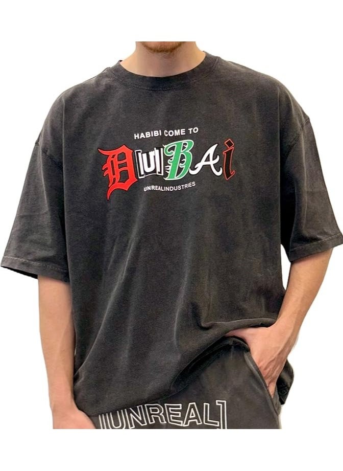 Baggy Style T-Shirt for Men and Women | UNREAL Down Shoulder Tee-Shirt | Habibi Come to Dubai | Unisex Loose Sleeves Shirt | Vintage and Trendy Unreal Washed Tee