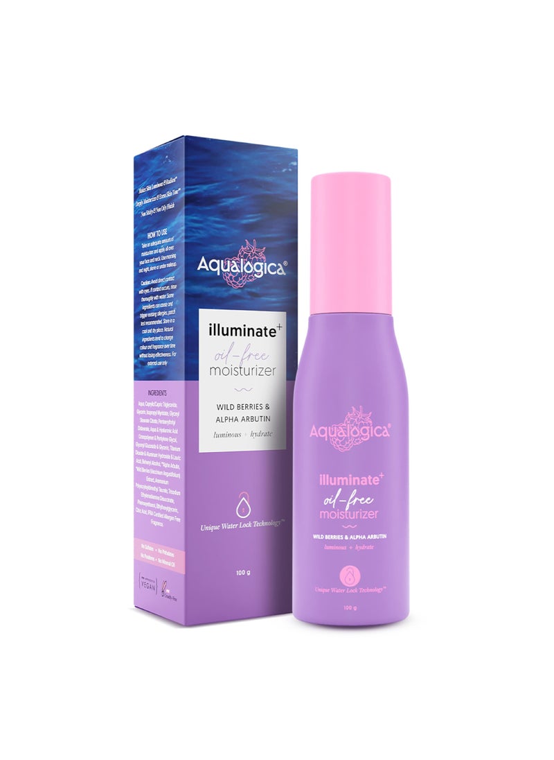 Aqualogica Illuminate + Oil Free Face Moisturizer with Wild Berries & Alpha Arbutin | Deeply Moisturizes & Enhances Skin Tone | Gives Luminous Glow | 3.38 Fl Oz/100 ml