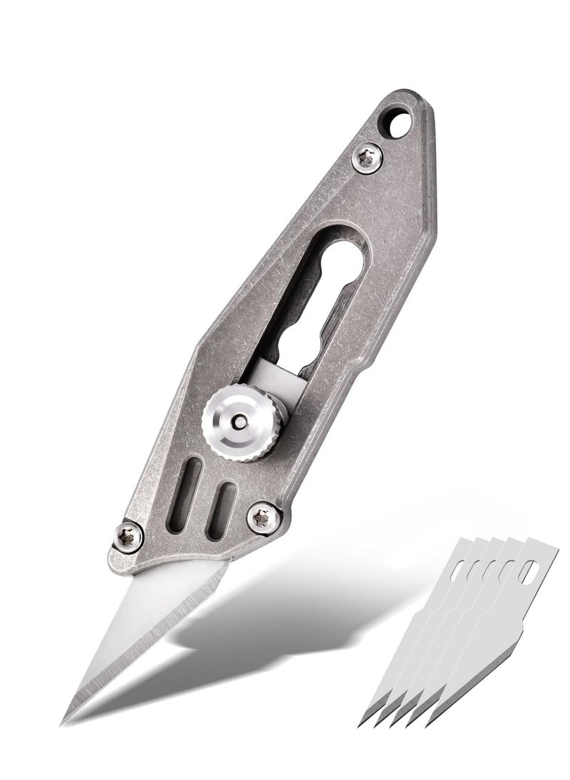 Titanium EDC Pocket Utility Knife with 5 Replacement Razor Blades, Cool Small Pocket Knife, Keychain Knives, EDC Knifes, Box Cutter, Gift for Men Women