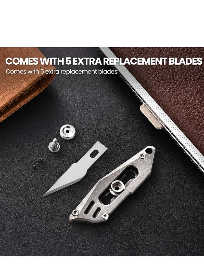 Titanium EDC Pocket Utility Knife with 5 Replacement Razor Blades, Cool Small Pocket Knife, Keychain Knives, EDC Knifes, Box Cutter, Gift for Men Women