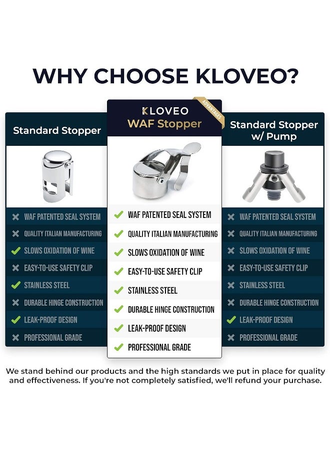 KLOVEO Champagne Stoppers - Patented Seal (No Pressure Pump Needed) Made in Italy - Professional Grade WAF Champagne Bottle Stopper - Prosecco, Cava, and Sparkling Wine Stopper - Chrome, 2-Pack