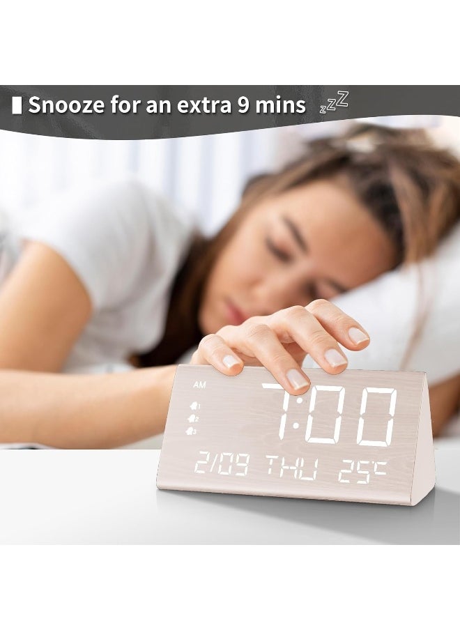 JALL Digital Alarm Clock, with Wooden Electronic LED Time Display, 3 Alarm Settings, Weekday/Weekend Mode, Temperature Detect, Wood Made Electric Clocks for Office, Bedroom, Bedside