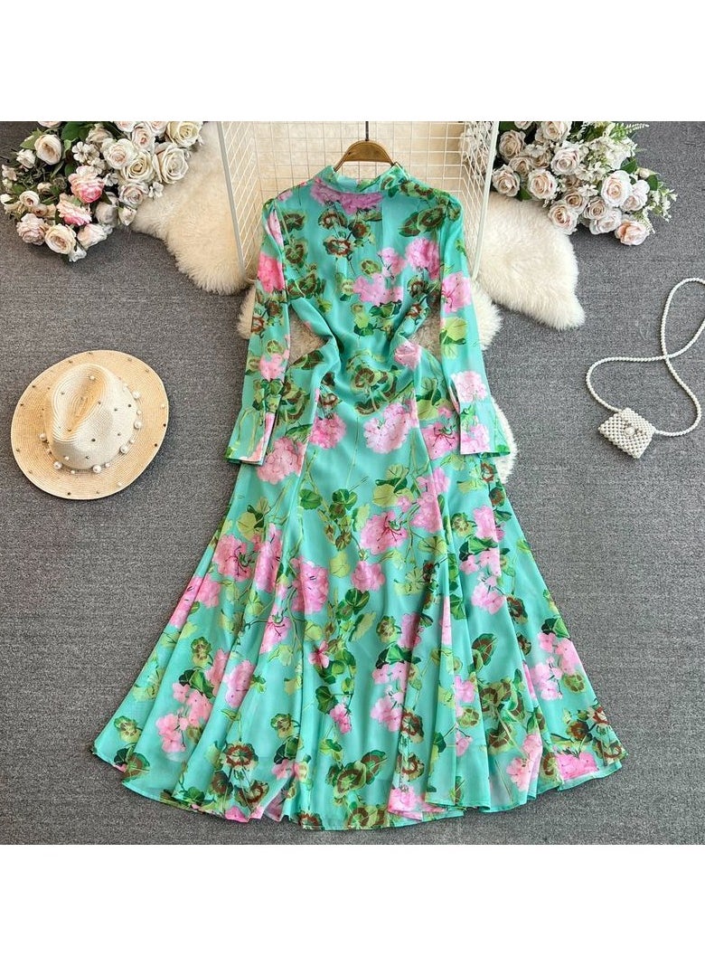 Retro Style Long Sleeved Lapel Cinched Waist Slimming Single Breasted A-line Printed Shirt Dress
