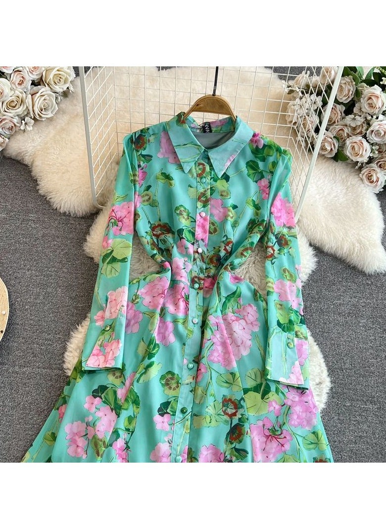 Retro Style Long Sleeved Lapel Cinched Waist Slimming Single Breasted A-line Printed Shirt Dress