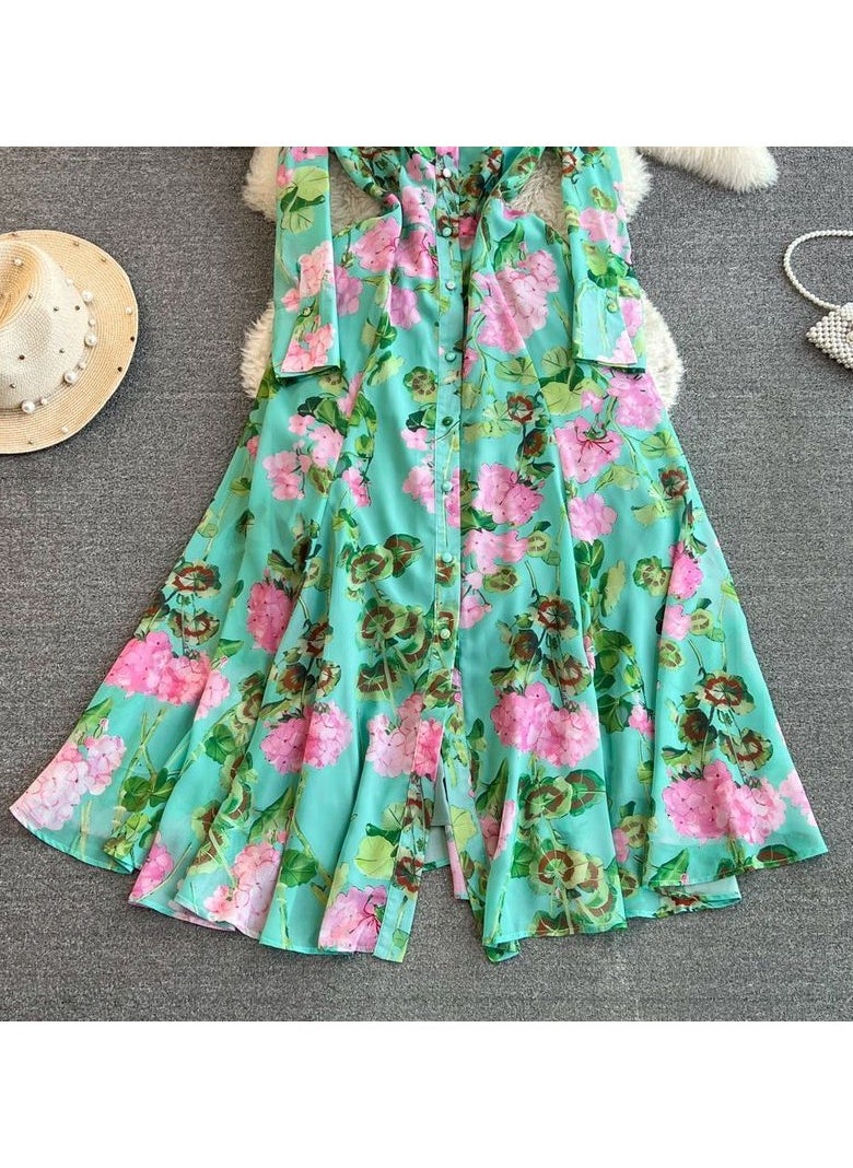 Retro Style Long Sleeved Lapel Cinched Waist Slimming Single Breasted A-line Printed Shirt Dress