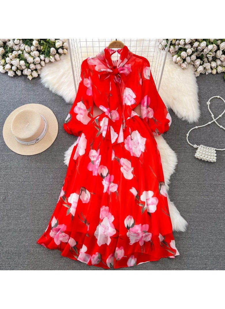 Seven Quarter Sleeve Bow Tie Waist Cinching A-Line Printed Chiffon Dress
