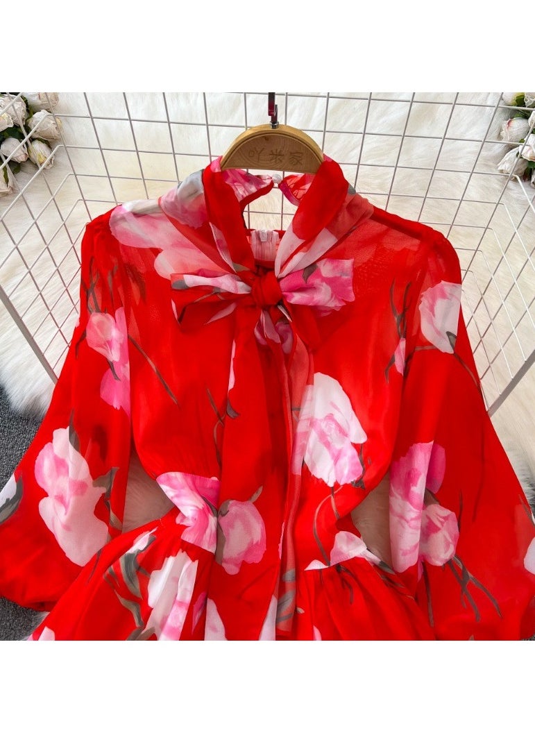 Seven Quarter Sleeve Bow Tie Waist Cinching A-Line Printed Chiffon Dress