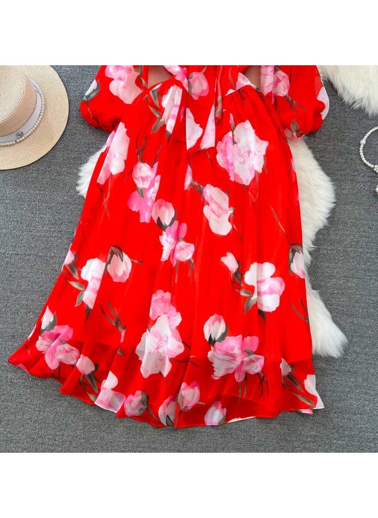 Seven Quarter Sleeve Bow Tie Waist Cinching A-Line Printed Chiffon Dress
